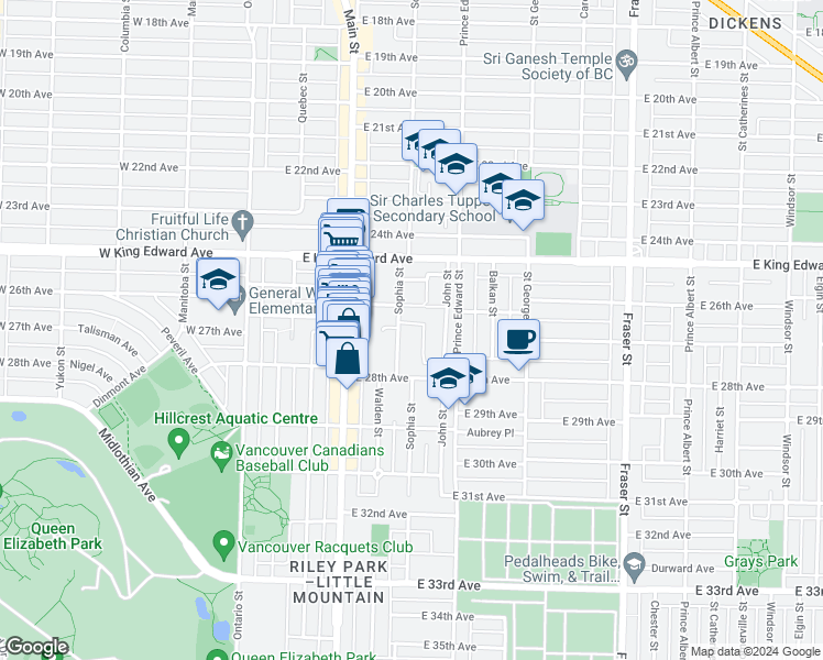 map of restaurants, bars, coffee shops, grocery stores, and more near 4260 Sophia Street in Vancouver