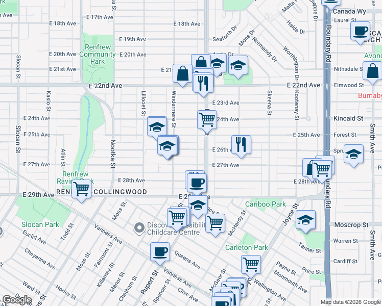 map of restaurants, bars, coffee shops, grocery stores, and more near 3250 East 26th Avenue in Vancouver
