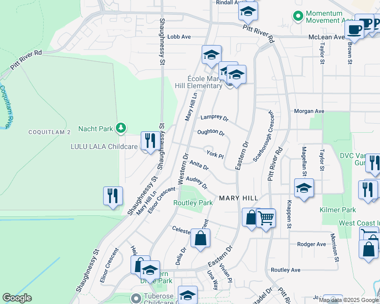 map of restaurants, bars, coffee shops, grocery stores, and more near 1638 Western Drive in Port Coquitlam
