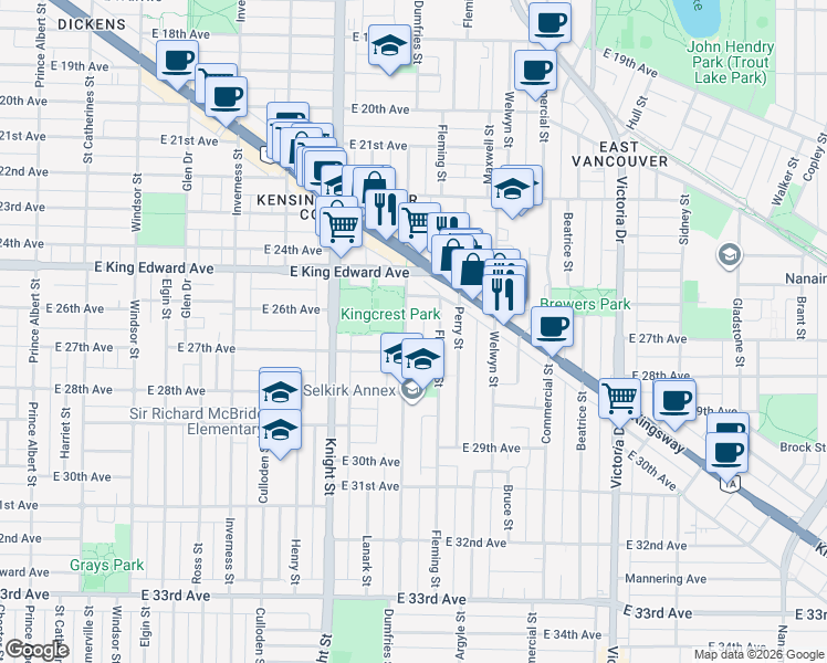 map of restaurants, bars, coffee shops, grocery stores, and more near 4262 Dumfries Street in Vancouver
