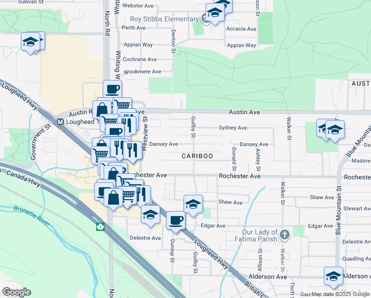 map of restaurants, bars, coffee shops, grocery stores, and more near 609 Madore Avenue in Coquitlam