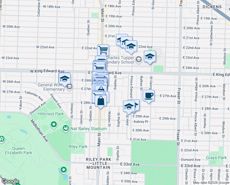 map of restaurants, bars, coffee shops, grocery stores, and more near 4258 Sophia Street in Vancouver