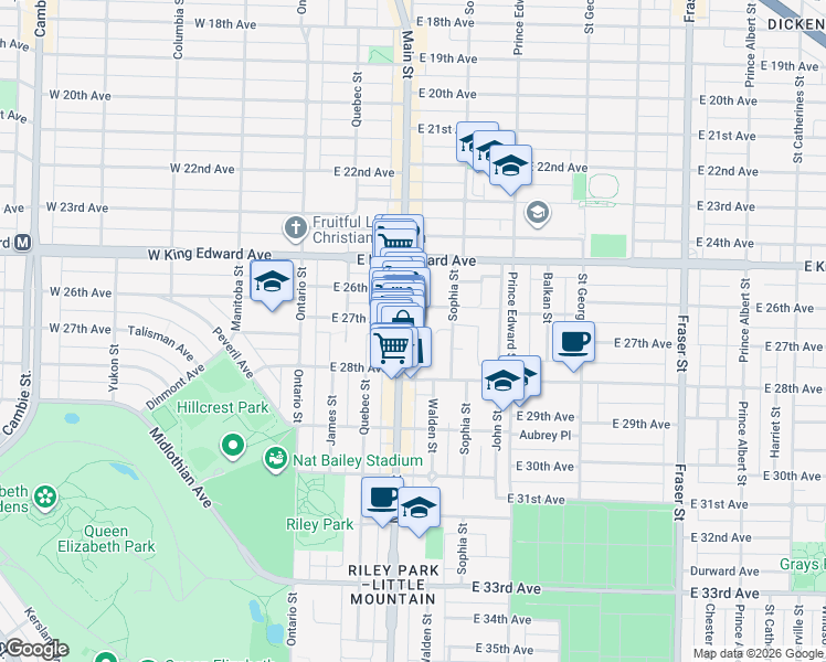 map of restaurants, bars, coffee shops, grocery stores, and more near 4262 Watson Street in Vancouver