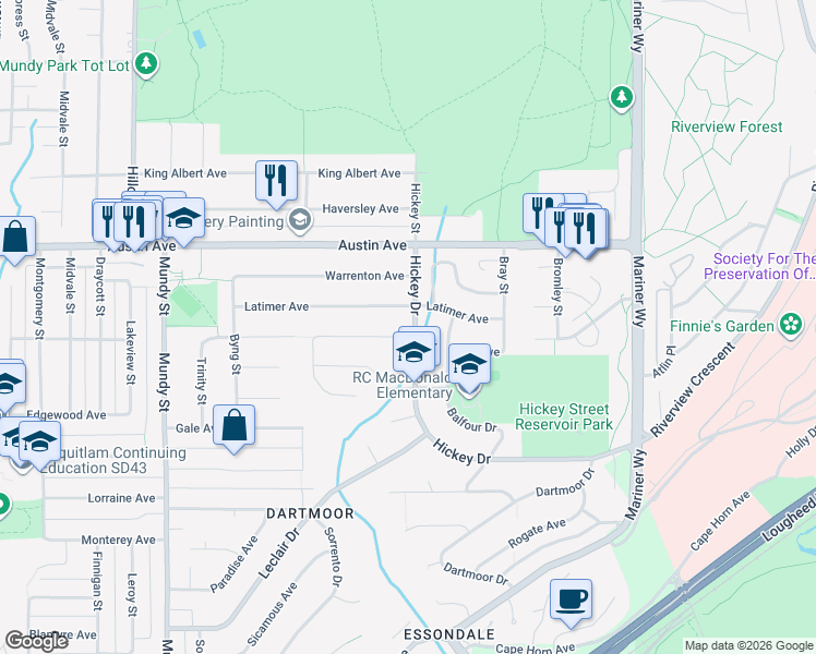 map of restaurants, bars, coffee shops, grocery stores, and more near 2497 Tolmie Avenue in Coquitlam