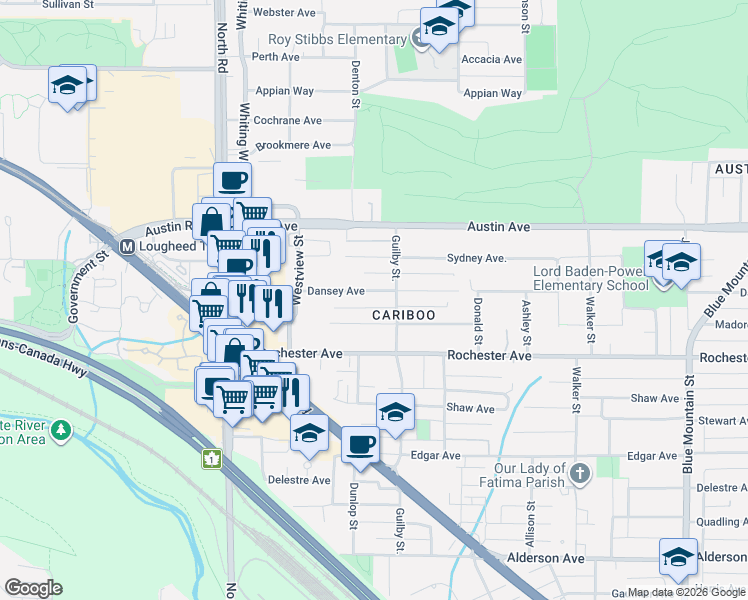 map of restaurants, bars, coffee shops, grocery stores, and more near 599 Dansey Avenue in Coquitlam
