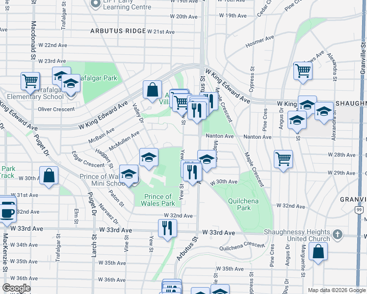 map of restaurants, bars, coffee shops, grocery stores, and more near in Vancouver