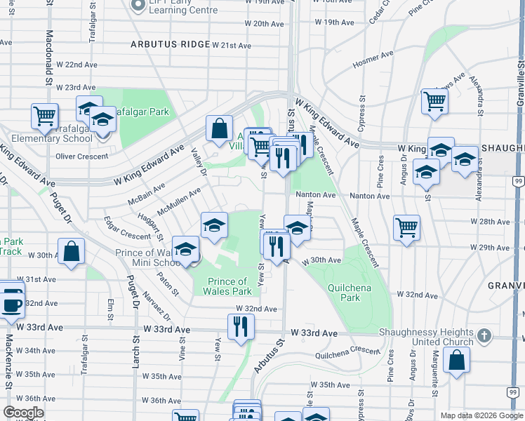 map of restaurants, bars, coffee shops, grocery stores, and more near 4430 Yew Street in Vancouver
