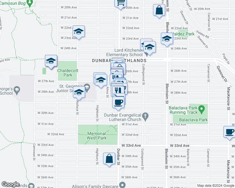 map of restaurants, bars, coffee shops, grocery stores, and more near 4445 Dunbar Street in Vancouver