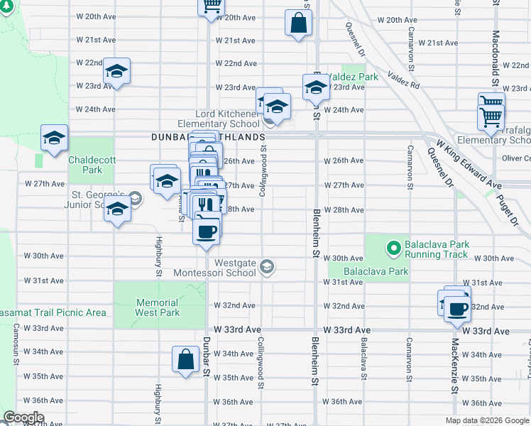 map of restaurants, bars, coffee shops, grocery stores, and more near 3500 West 28th Avenue in Vancouver