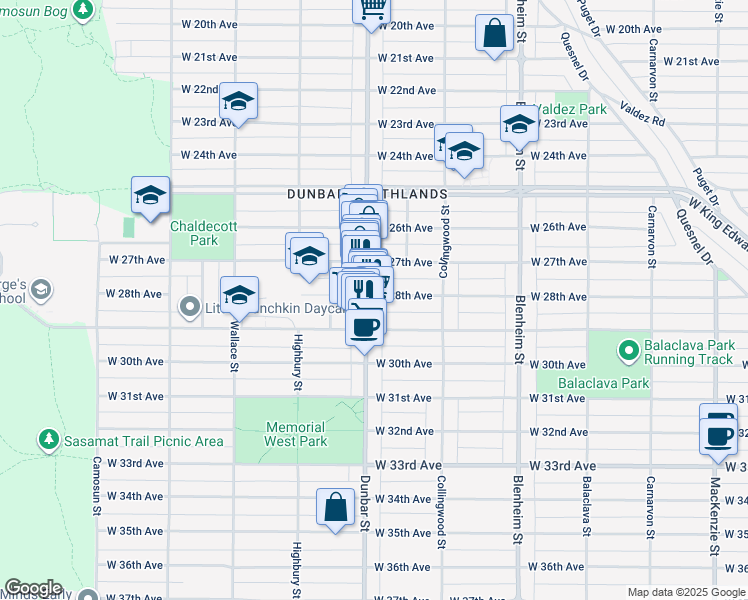 map of restaurants, bars, coffee shops, grocery stores, and more near 3596 West 28th Avenue in Vancouver