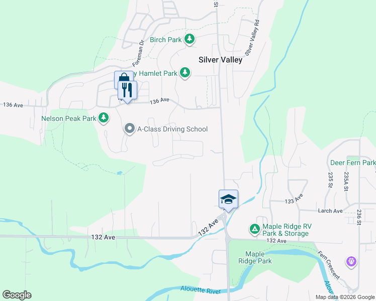 map of restaurants, bars, coffee shops, grocery stores, and more near 23091 134 Loop in Maple Ridge