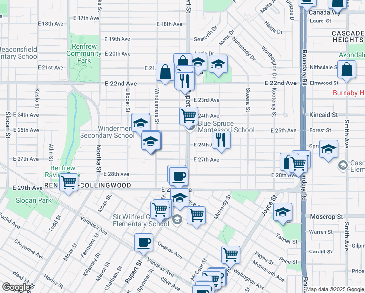 map of restaurants, bars, coffee shops, grocery stores, and more near 3288 East 26th Avenue in Vancouver