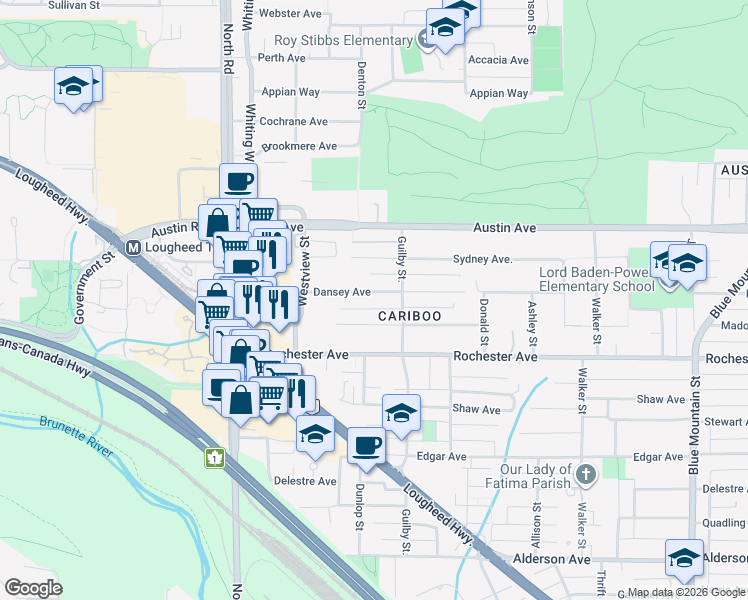 map of restaurants, bars, coffee shops, grocery stores, and more near 602 Dansey Avenue in Coquitlam