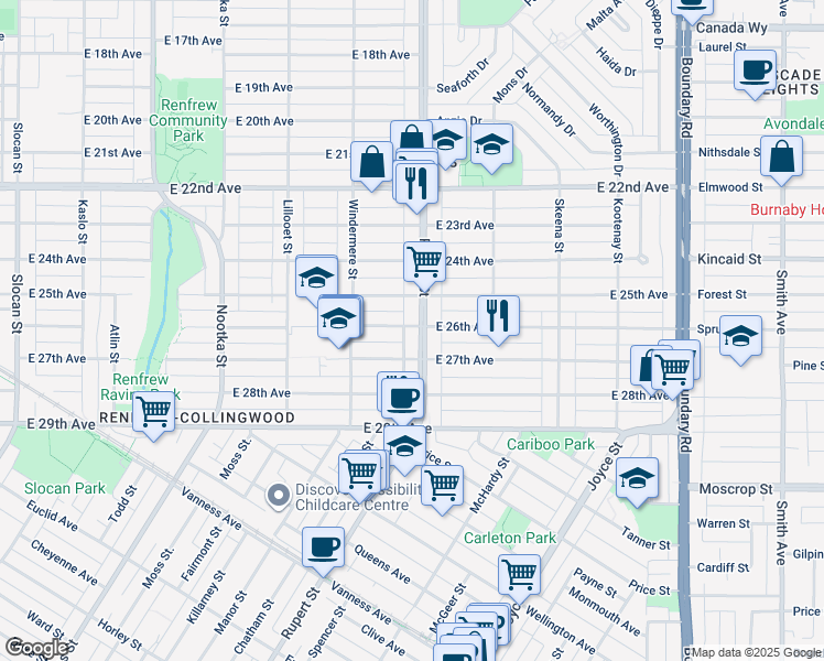 map of restaurants, bars, coffee shops, grocery stores, and more near 3288 East 26th Avenue in Vancouver