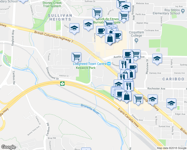 map of restaurants, bars, coffee shops, grocery stores, and more near 9550 Government Street in Burnaby