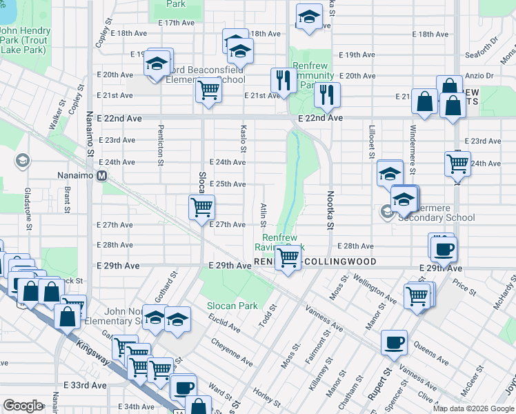 map of restaurants, bars, coffee shops, grocery stores, and more near 4205 Atlin Street in Vancouver