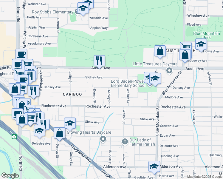 map of restaurants, bars, coffee shops, grocery stores, and more near 427 Ashley Street in Coquitlam