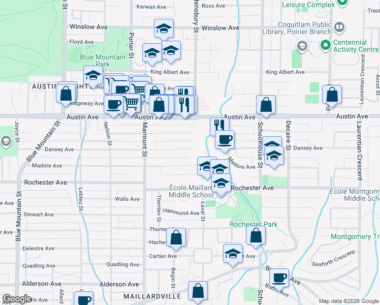 map of restaurants, bars, coffee shops, grocery stores, and more near 1158 Dansey Avenue in Coquitlam