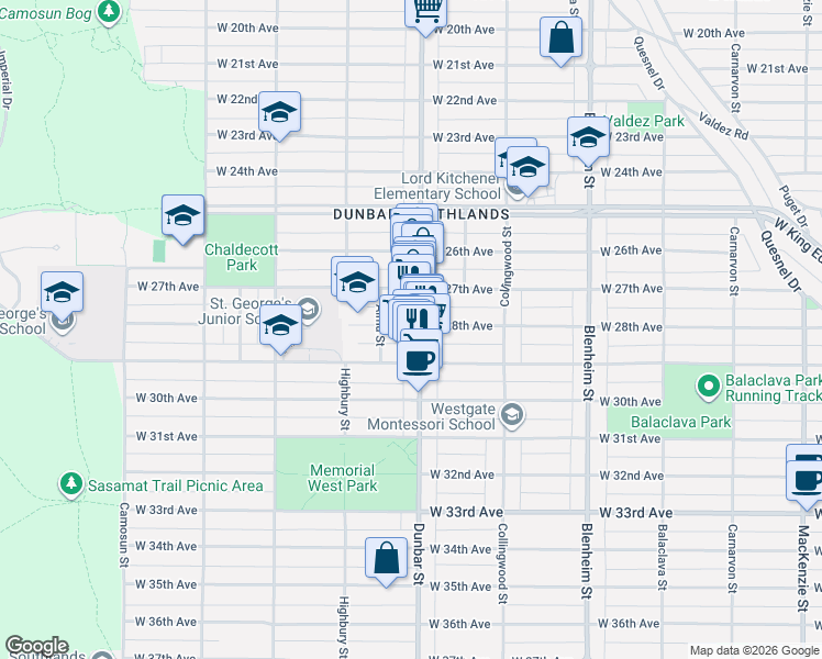 map of restaurants, bars, coffee shops, grocery stores, and more near 3626 West 28th Avenue in Vancouver