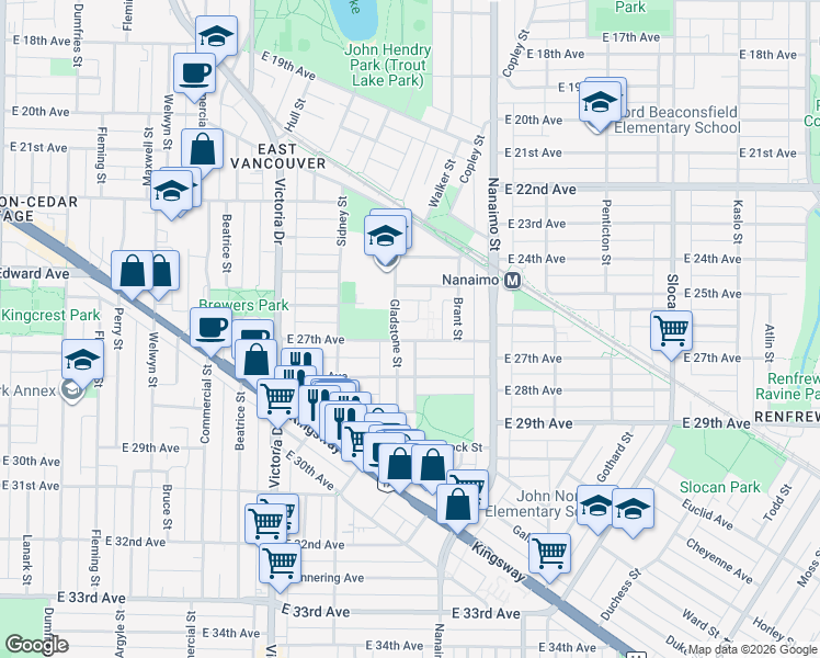map of restaurants, bars, coffee shops, grocery stores, and more near 2209 East 27th Avenue in Vancouver
