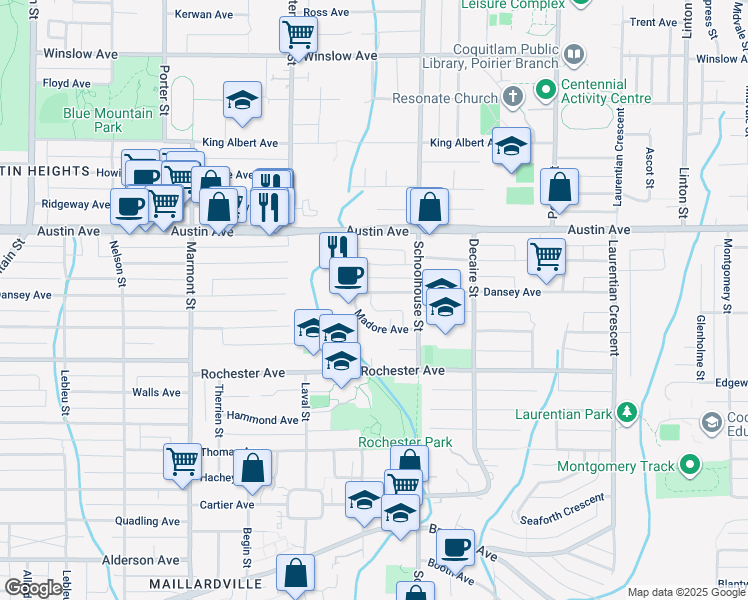 map of restaurants, bars, coffee shops, grocery stores, and more near 1400 Dansey Avenue in Coquitlam