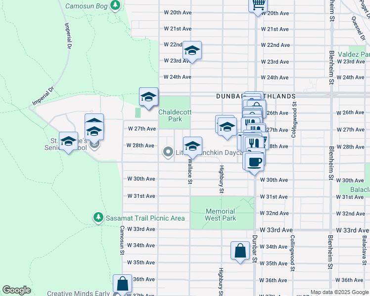 map of restaurants, bars, coffee shops, grocery stores, and more near 4465 Wallace Street in Vancouver