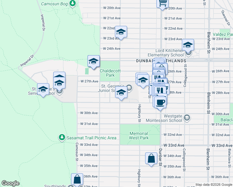 map of restaurants, bars, coffee shops, grocery stores, and more near in Vancouver