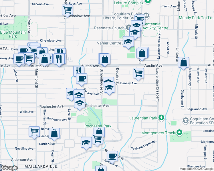 map of restaurants, bars, coffee shops, grocery stores, and more near 1510 Dansey Avenue in Coquitlam
