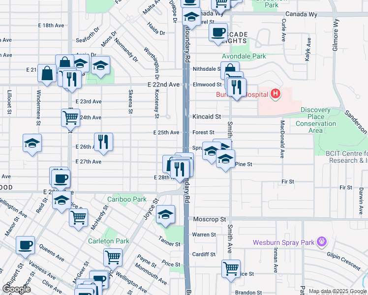 map of restaurants, bars, coffee shops, grocery stores, and more near 3695 East 26th Avenue in Vancouver