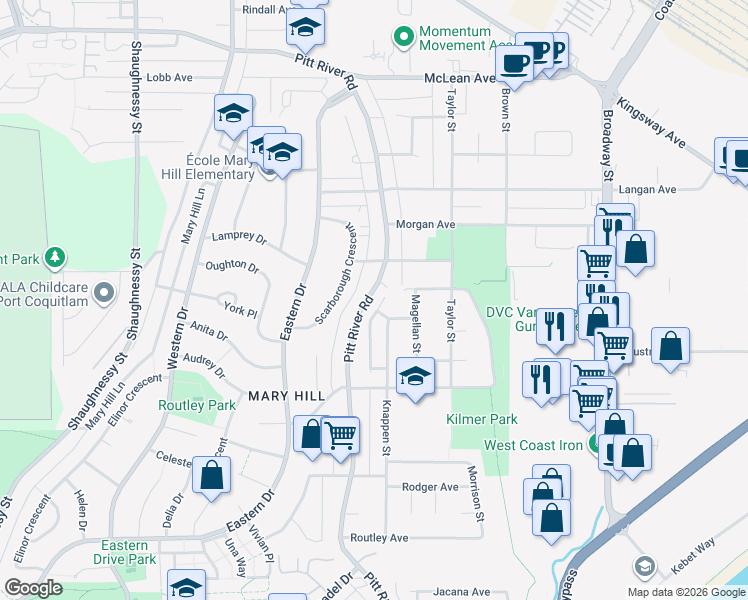 map of restaurants, bars, coffee shops, grocery stores, and more near 1681 Pitt River Road in Port Coquitlam