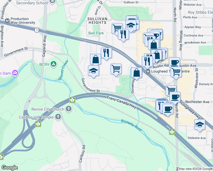 map of restaurants, bars, coffee shops, grocery stores, and more near 9233 Government Street in Burnaby