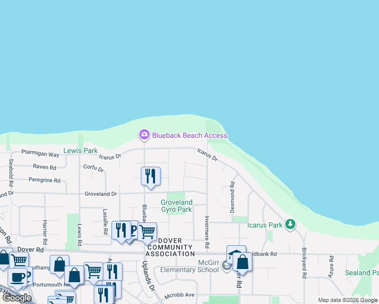 map of restaurants, bars, coffee shops, grocery stores, and more near 6229 Icarus Drive in Nanaimo