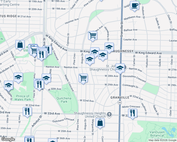 map of restaurants, bars, coffee shops, grocery stores, and more near 4337 Marguerite Street in Vancouver