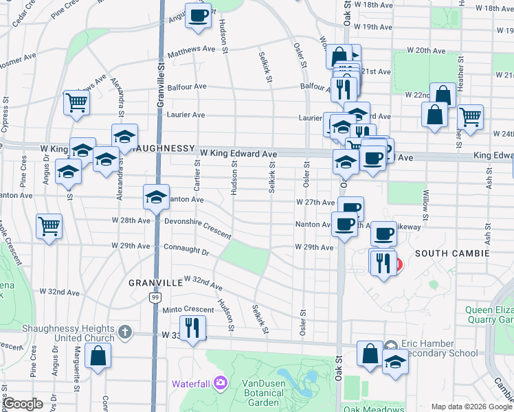 map of restaurants, bars, coffee shops, grocery stores, and more near 1236 West 27th Avenue in Vancouver
