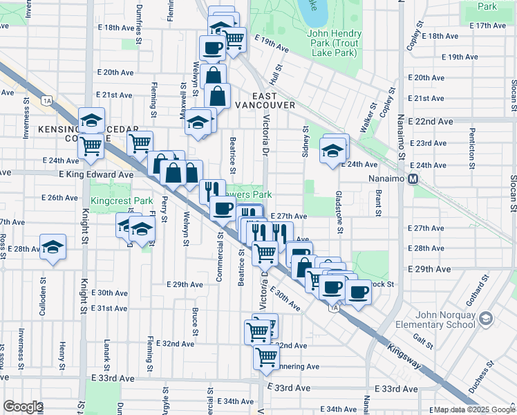 map of restaurants, bars, coffee shops, grocery stores, and more near 4229 Victoria Drive in Vancouver