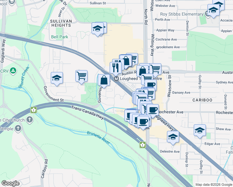 map of restaurants, bars, coffee shops, grocery stores, and more near 9847 Manchester Drive in Burnaby