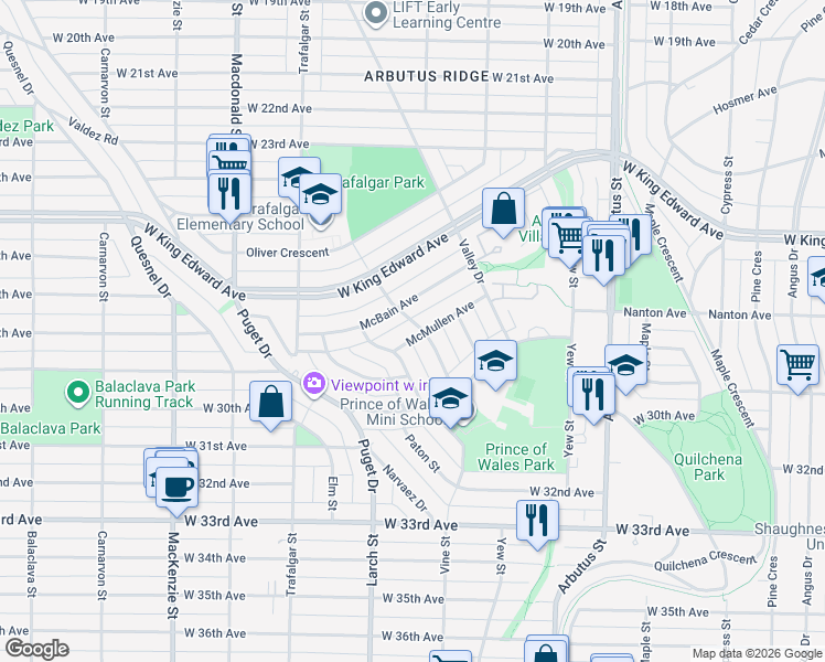 map of restaurants, bars, coffee shops, grocery stores, and more near 2419 McMullen Avenue in Vancouver