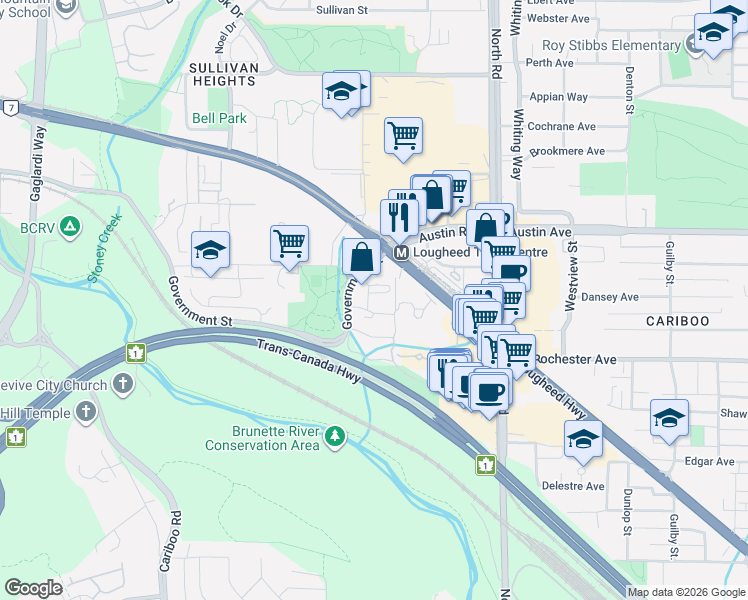 map of restaurants, bars, coffee shops, grocery stores, and more near 9620 Manchester Drive in Burnaby