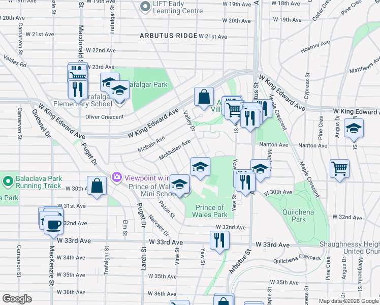 map of restaurants, bars, coffee shops, grocery stores, and more near 4388 Townley Street in Vancouver