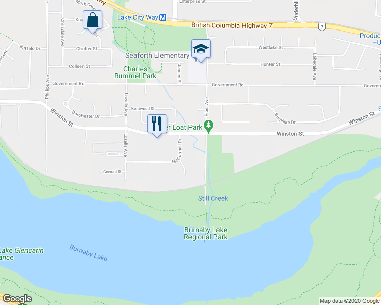 map of restaurants, bars, coffee shops, grocery stores, and more near 4060 McConnell Drive in Burnaby