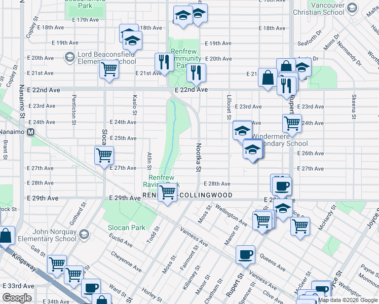 map of restaurants, bars, coffee shops, grocery stores, and more near 2957 East 26th Avenue in Vancouver