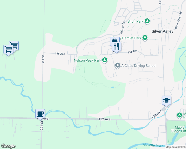 map of restaurants, bars, coffee shops, grocery stores, and more near 22650 136 Avenue in Maple Ridge
