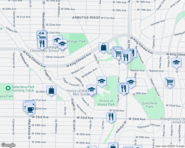 map of restaurants, bars, coffee shops, grocery stores, and more near 4333 Townley Street in Vancouver