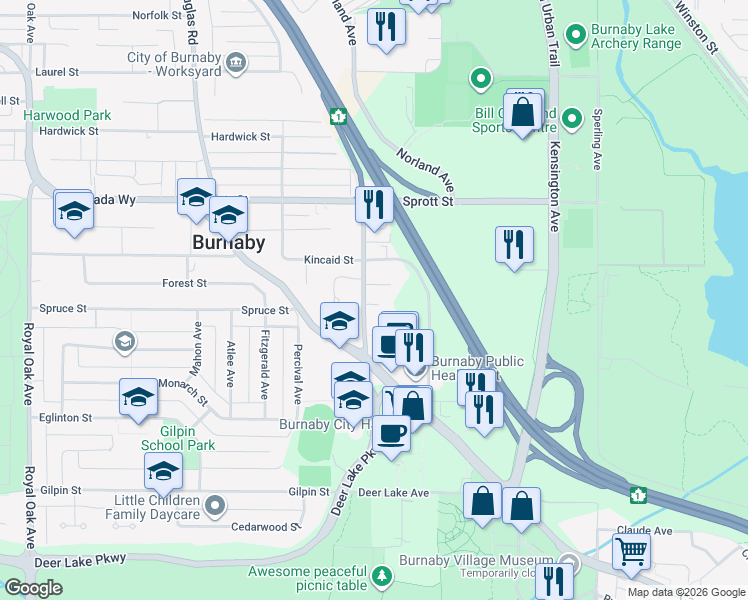 map of restaurants, bars, coffee shops, grocery stores, and more near 4162 Norland Avenue in Burnaby
