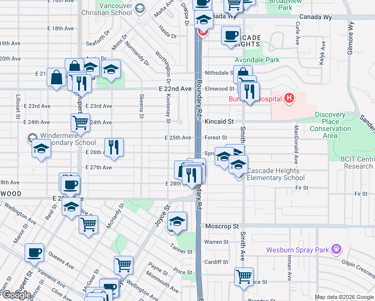 map of restaurants, bars, coffee shops, grocery stores, and more near in Vancouver