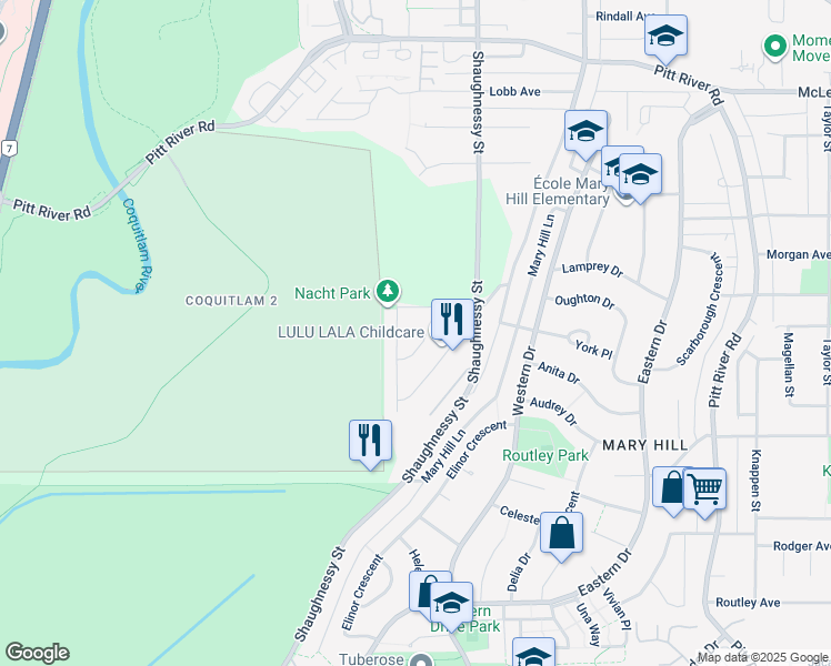 map of restaurants, bars, coffee shops, grocery stores, and more near 1653 McHugh Close in Port Coquitlam