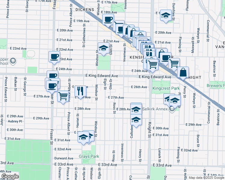 map of restaurants, bars, coffee shops, grocery stores, and more near 4222 Glen Drive in Vancouver