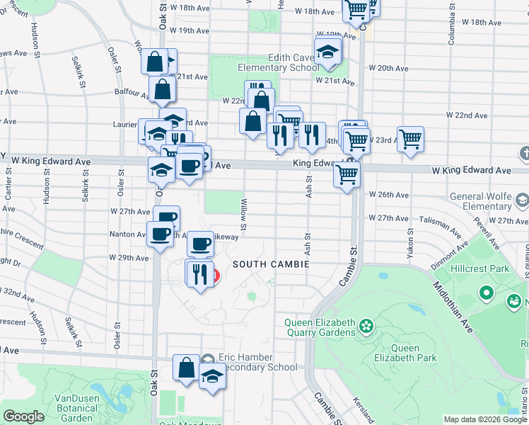 map of restaurants, bars, coffee shops, grocery stores, and more near 733 West 27th Avenue in Vancouver