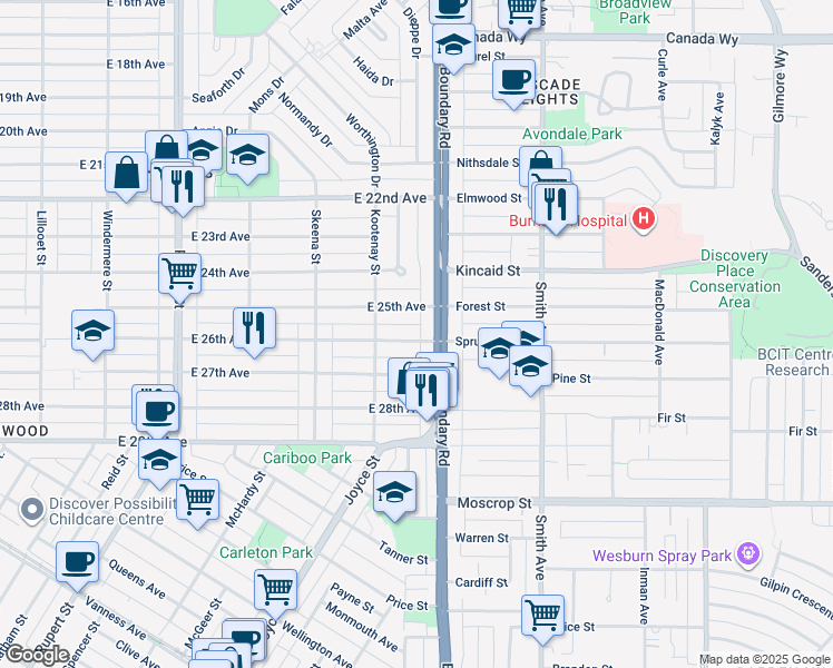 map of restaurants, bars, coffee shops, grocery stores, and more near 3687 East 26th Avenue in Vancouver