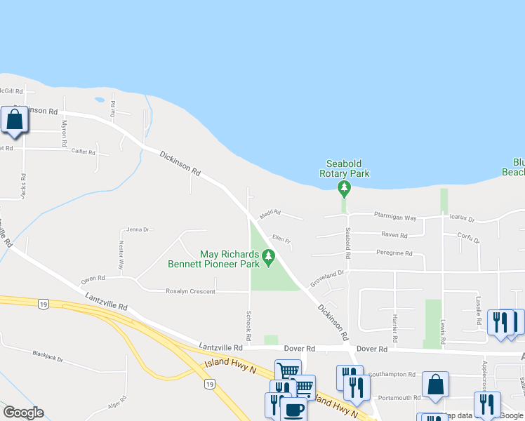 map of restaurants, bars, coffee shops, grocery stores, and more near 6724 Medd Road in Nanaimo